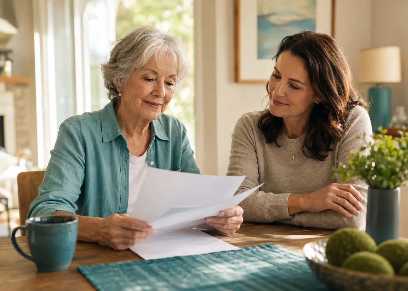 Senior woman reviewing paperwork with a family member